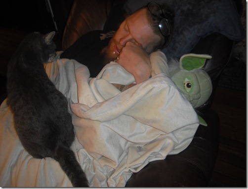 Zombie Killer asleep w/ a stuffed yoda while old man cat watches over him. 